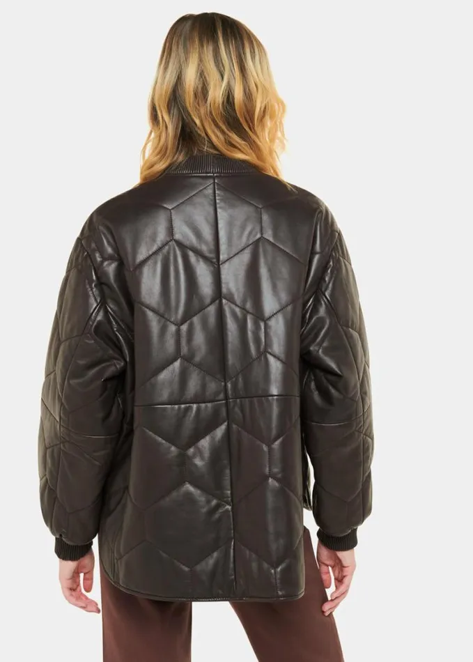 Whistles Cleo Leather Quilted Jacket Burgundy Women Coats and Jackets
