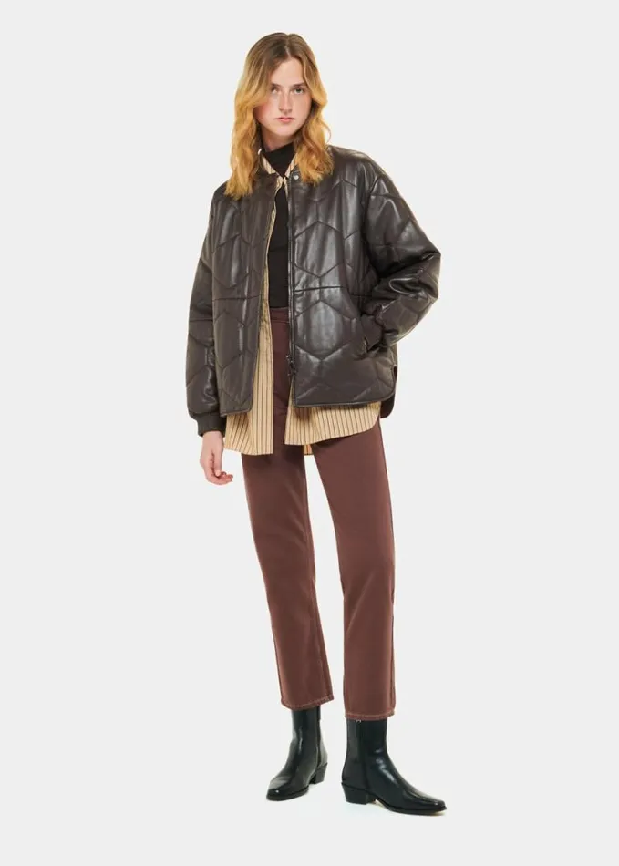 Whistles Cleo Leather Quilted Jacket Burgundy Women Coats and Jackets