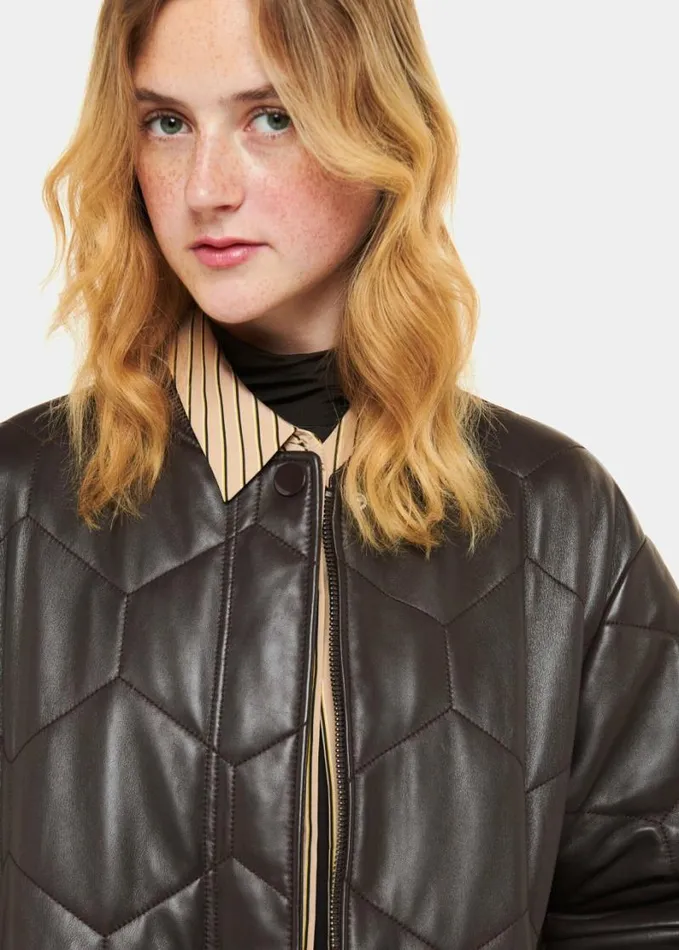 Whistles Cleo Leather Quilted Jacket Burgundy Women Coats and Jackets