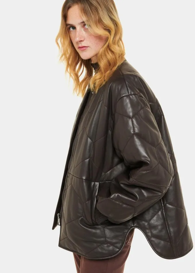 Whistles Cleo Leather Quilted Jacket Burgundy Women Coats and Jackets