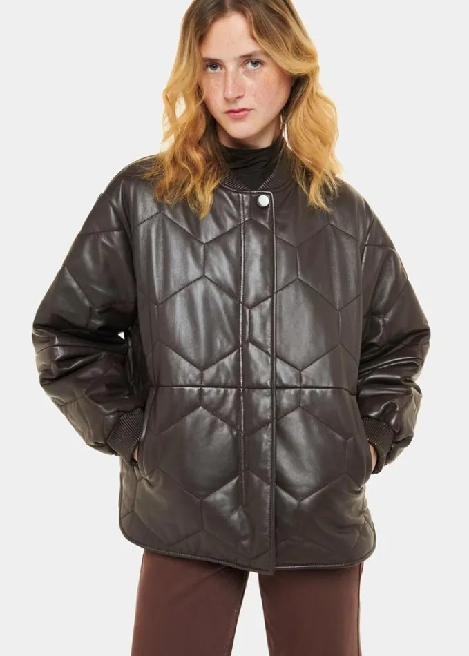 Whistles Cleo Leather Quilted Jacket Burgundy Women Coats and Jackets