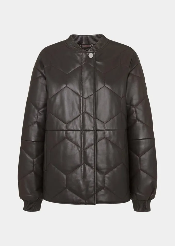 Whistles Cleo Leather Quilted Jacket Burgundy Women Coats and Jackets