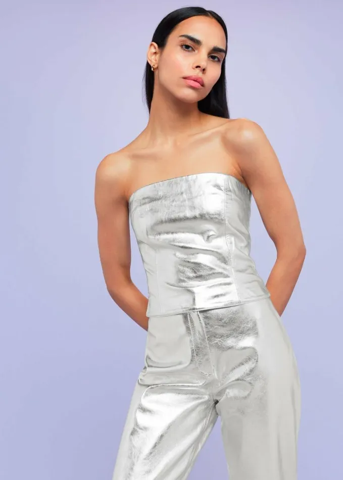 Whistles Cosmo Leather Bandeau Top Silver Women Tops