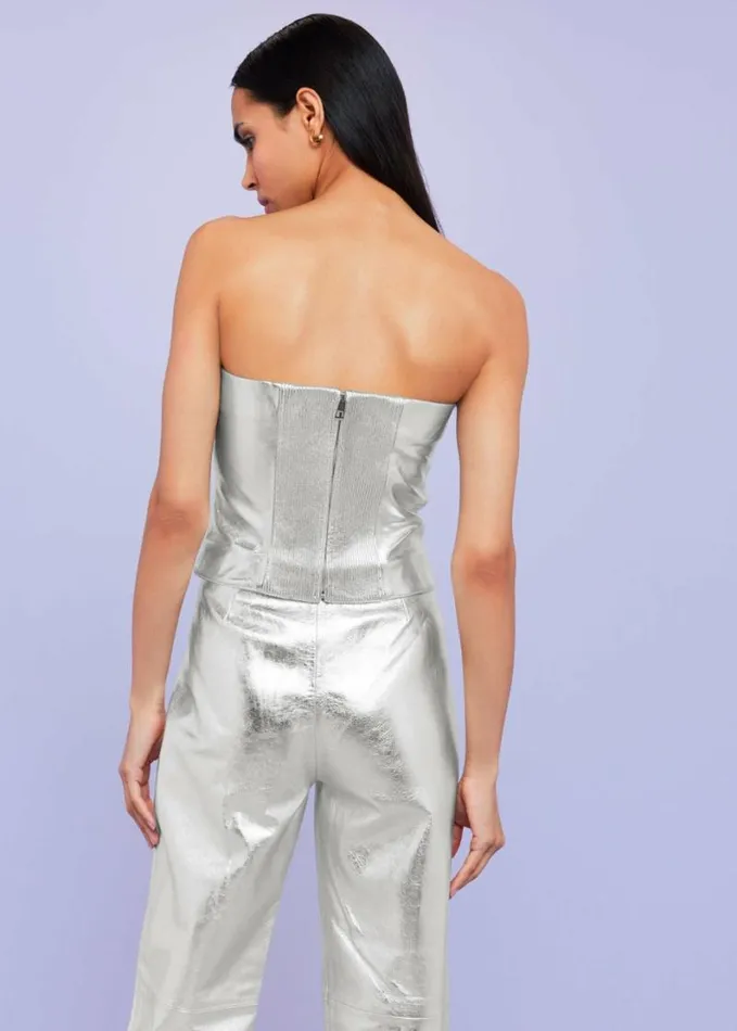 Whistles Cosmo Leather Bandeau Top Silver Women Tops