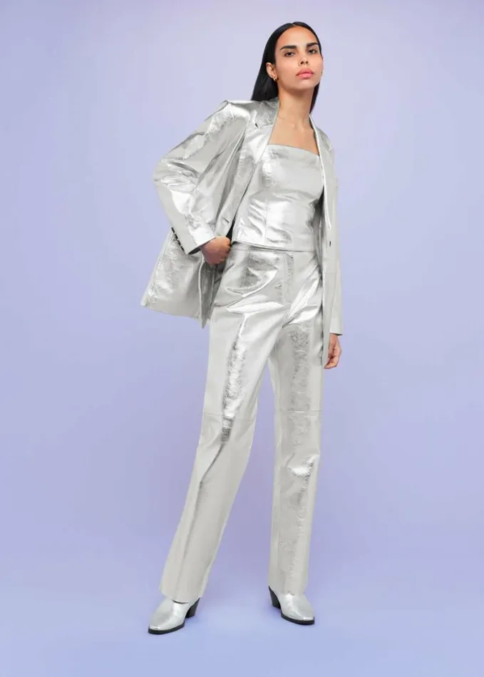 Whistles Cosmo Leather Bandeau Top Silver Women Tops