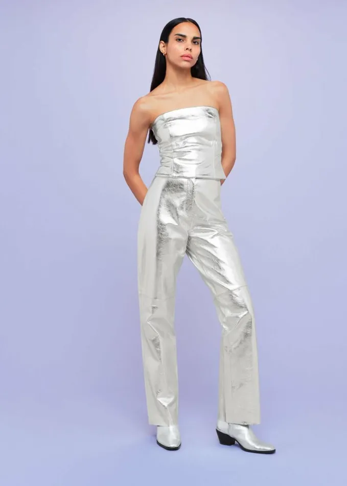 Whistles Cosmo Leather Bandeau Top Silver Women Tops