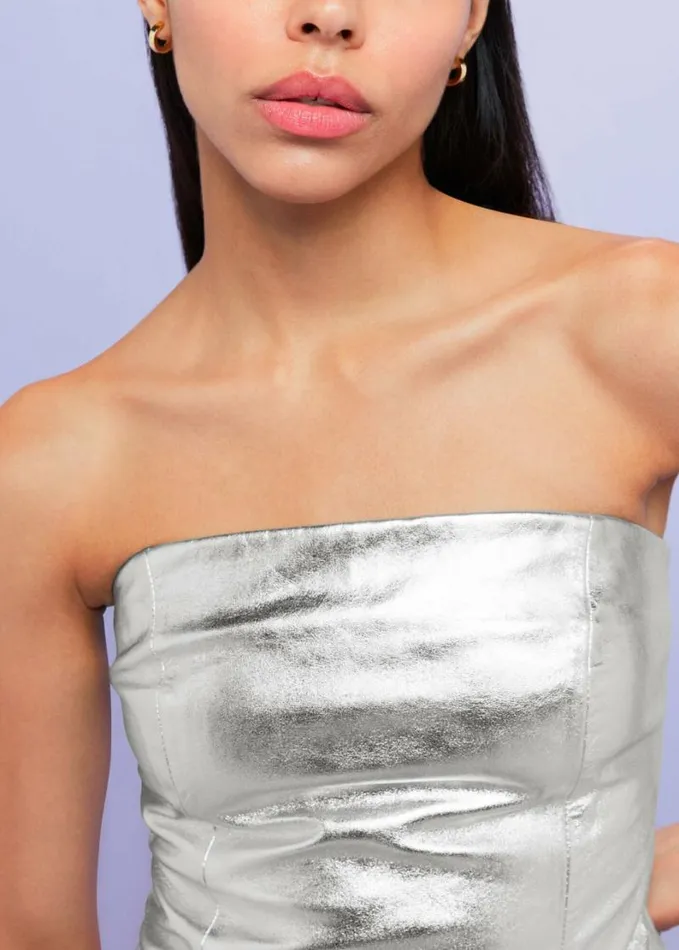 Whistles Cosmo Leather Bandeau Top Silver Women Tops