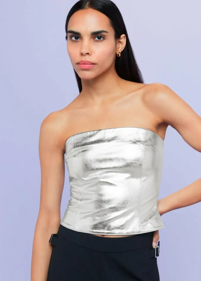 Whistles Cosmo Leather Bandeau Top Silver Women Tops