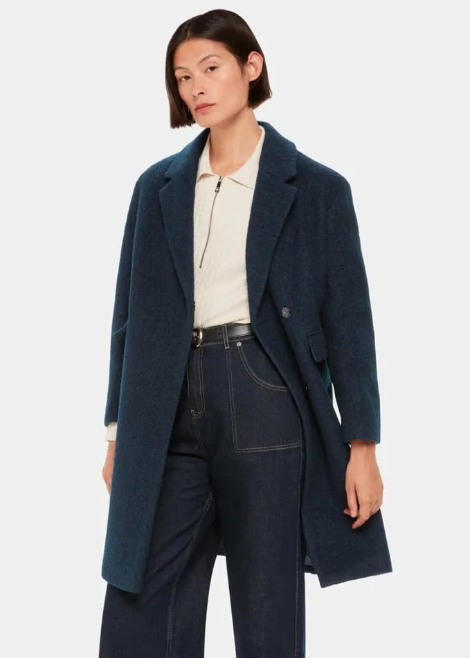 Whistles Fran Boucle Coat Teal Women Coats and Jackets