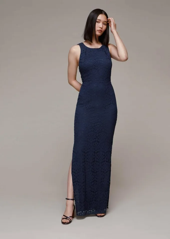 Whistles Lace Tie Back Maxi Dress Navy Women Dresses