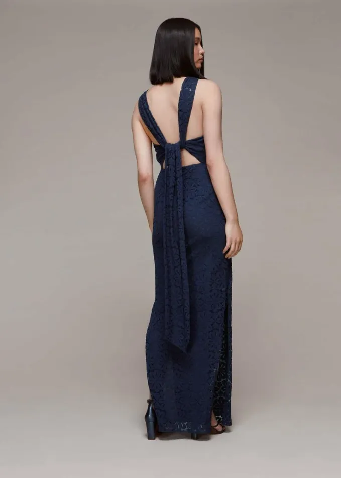 Whistles Lace Tie Back Maxi Dress Navy Women Dresses