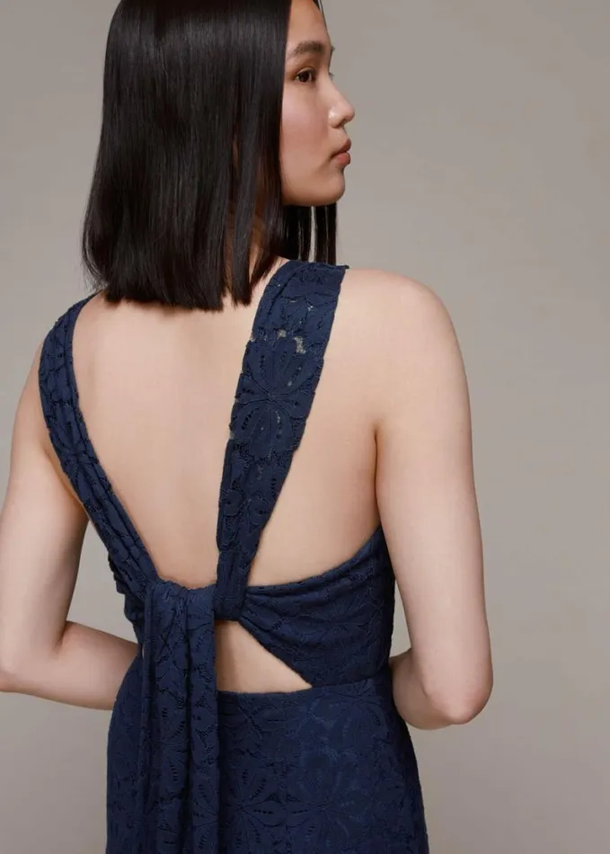 Whistles Lace Tie Back Maxi Dress Navy Women Dresses