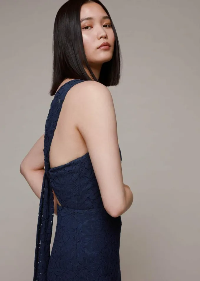 Whistles Lace Tie Back Maxi Dress Navy Women Dresses