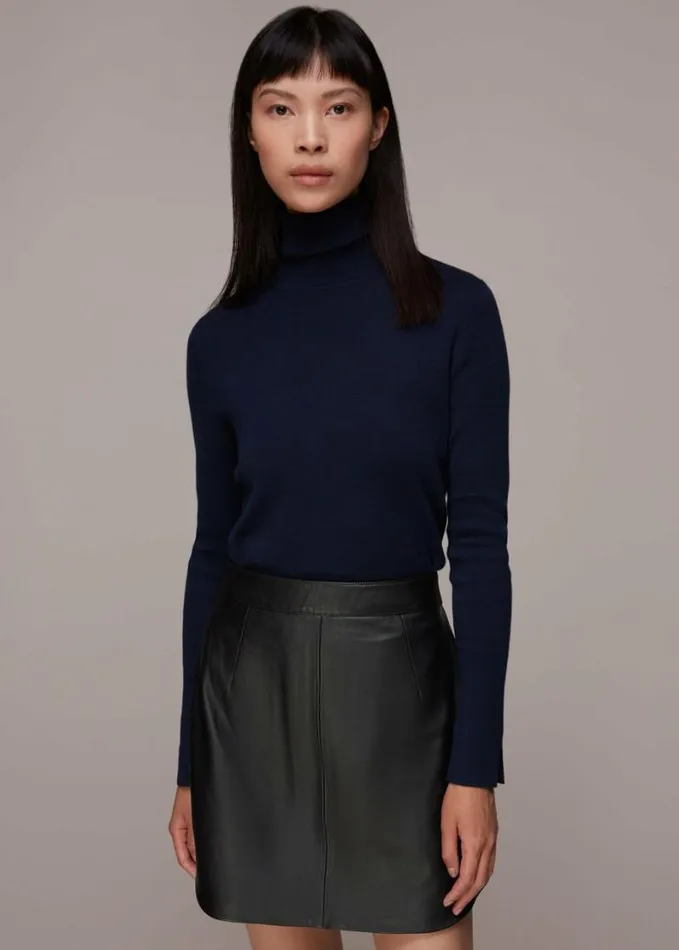 Whistles Leather Curved Hem Mini Skirt Black Women Skirts