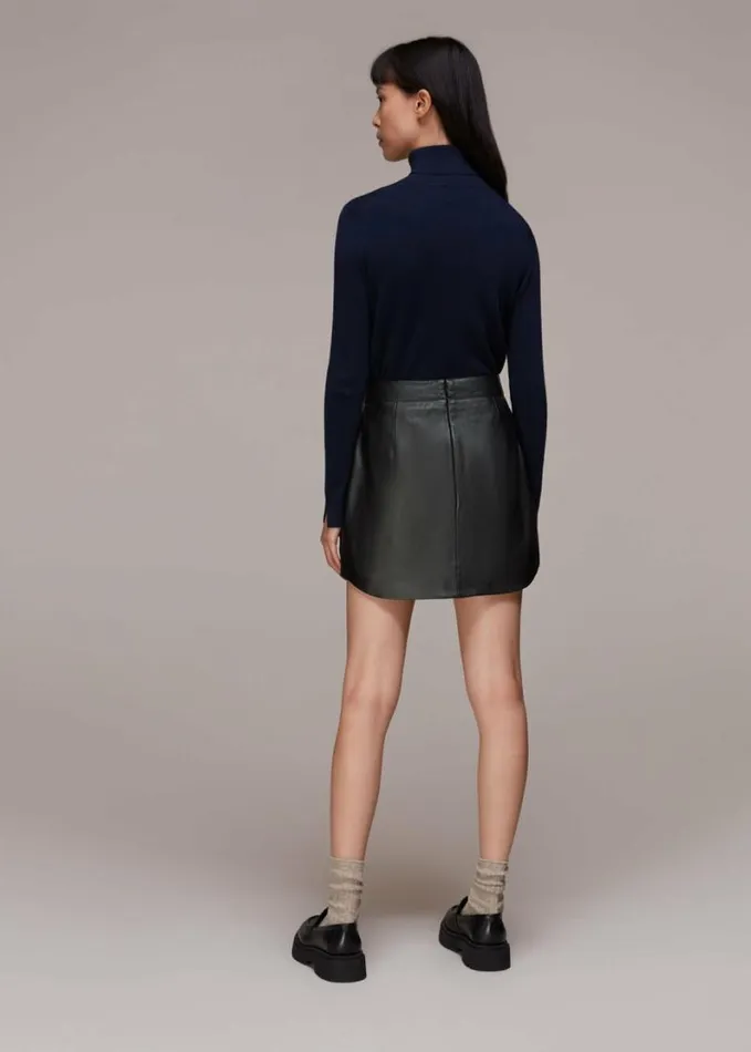 Whistles Leather Curved Hem Mini Skirt Black Women Skirts