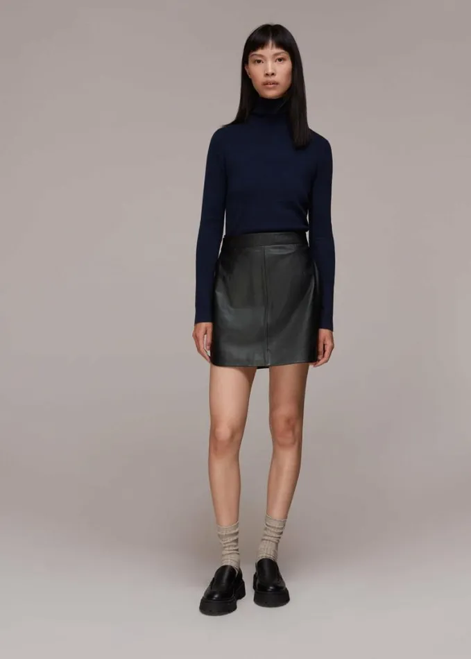 Whistles Leather Curved Hem Mini Skirt Black Women Skirts