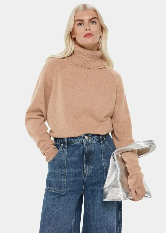 Whistles Petite Cashmere Roll Neck Camel Women Petite Sweaters