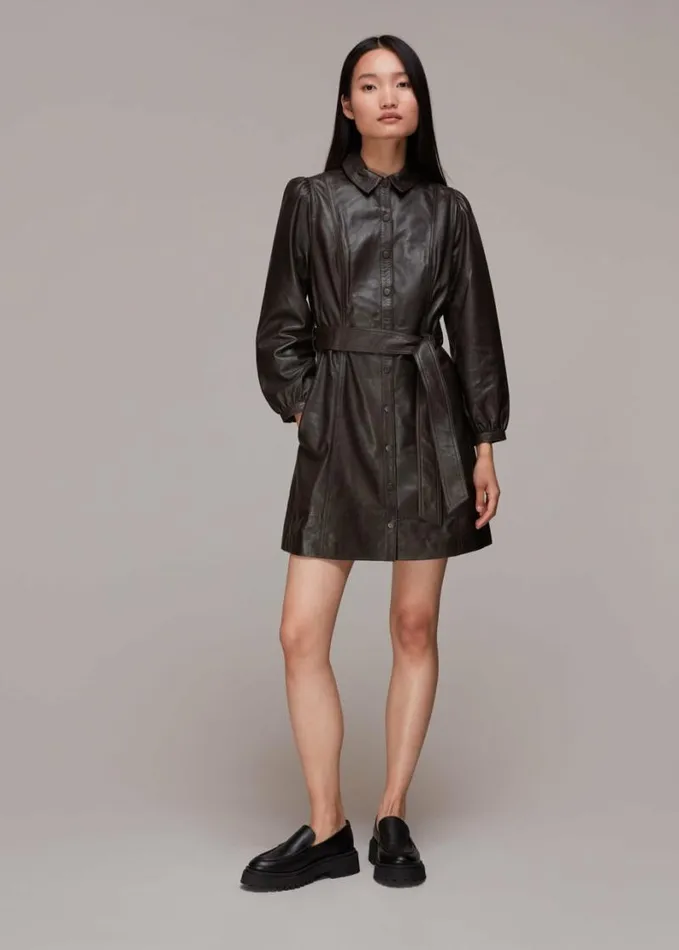 Whistles Phoebe Short Leather Dress Brown Women Dresses