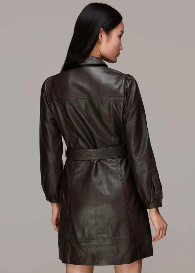 Whistles Phoebe Short Leather Dress Brown Women Dresses