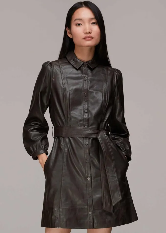 Whistles Phoebe Short Leather Dress Brown Women Dresses