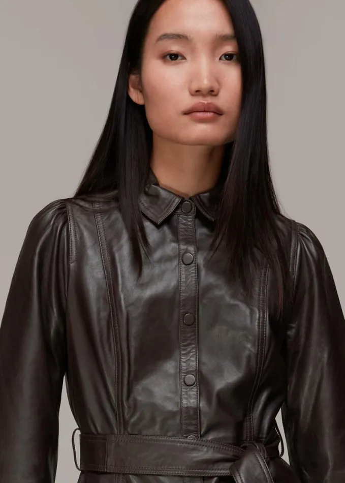 Whistles Phoebe Short Leather Dress Brown Women Dresses
