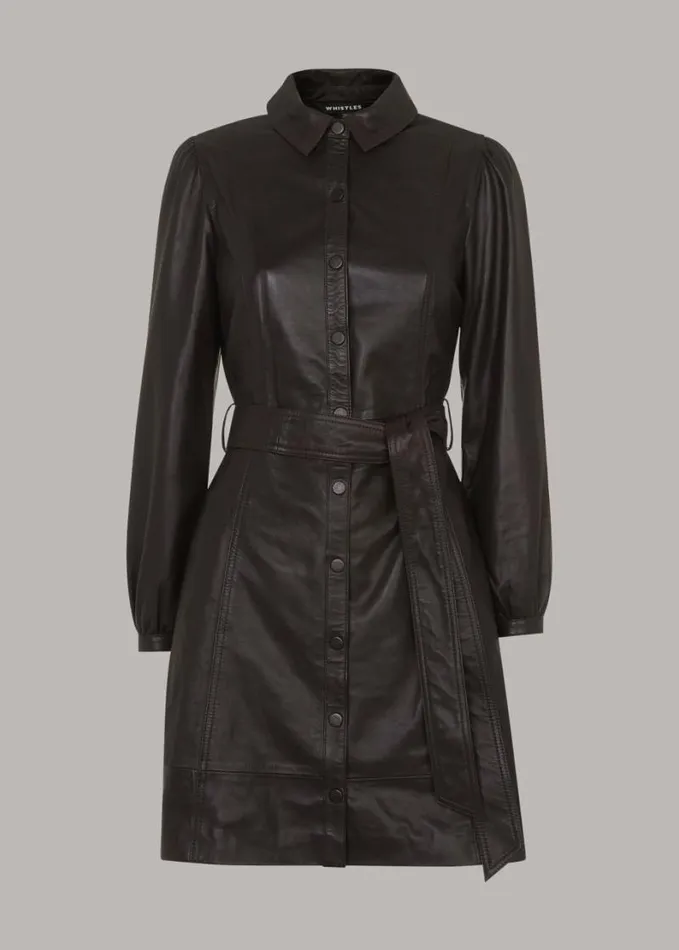 Whistles Phoebe Short Leather Dress Brown Women Dresses