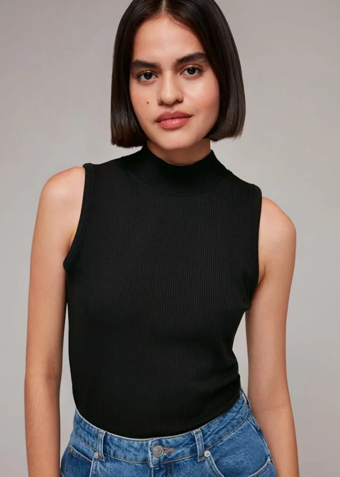 Whistles Ribbed Keyhole Tank Black Women Tops