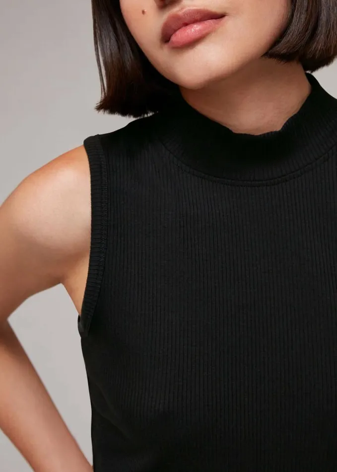 Whistles Ribbed Keyhole Tank Black Women Tops