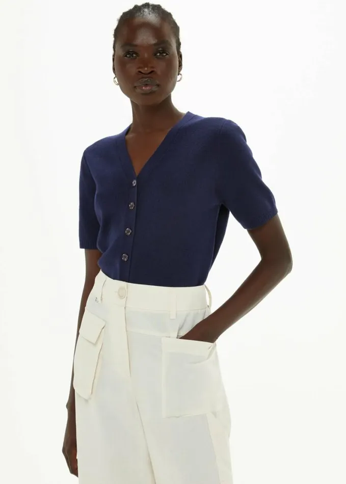 Whistles Short Sleeve Cardigan Navy Women Sweaters and Cashmere