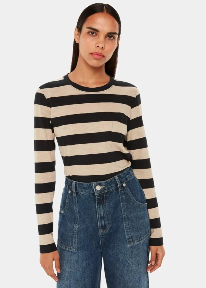 Whistles Stripe Crew Neck Pocket Top Blackmulti Women Tops