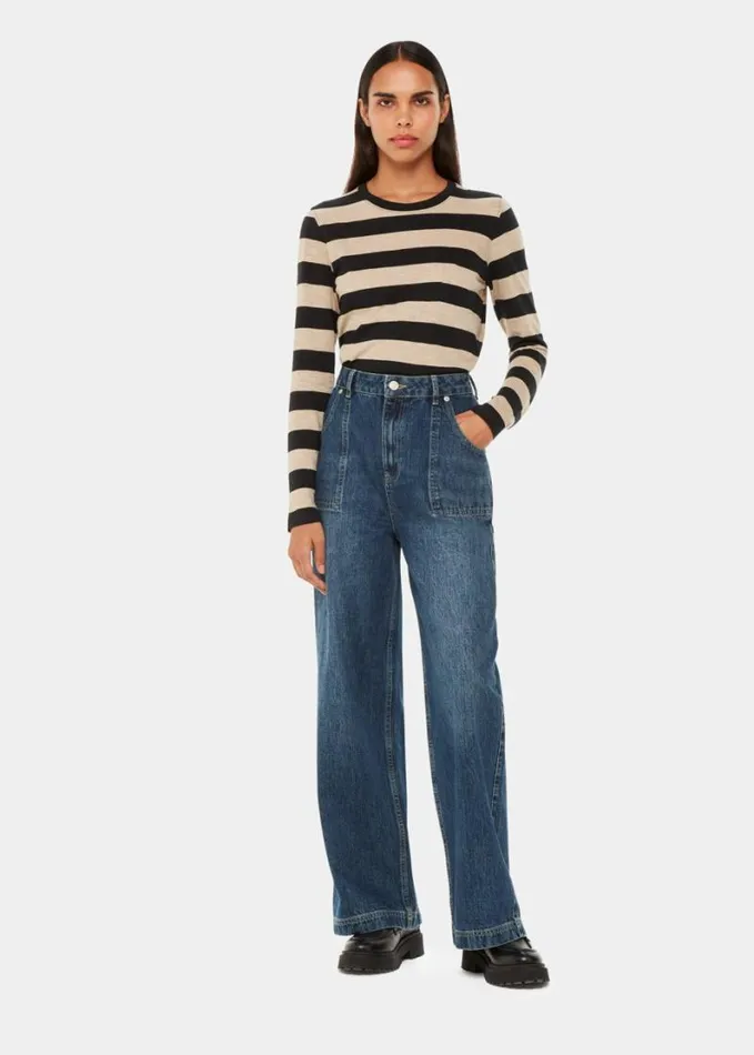 Whistles Stripe Crew Neck Pocket Top Blackmulti Women Tops