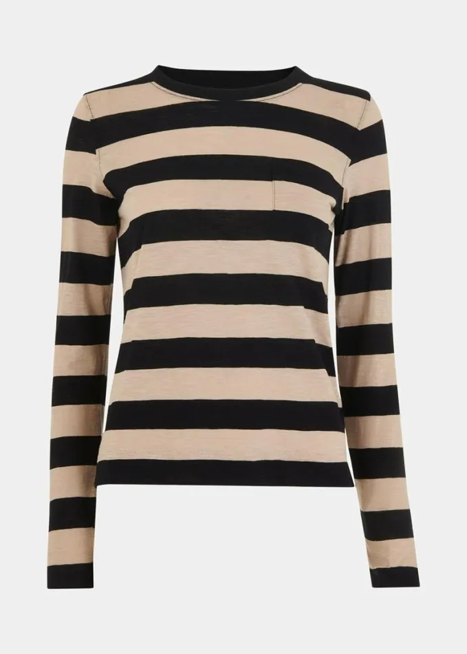 Whistles Stripe Crew Neck Pocket Top Blackmulti Women Tops