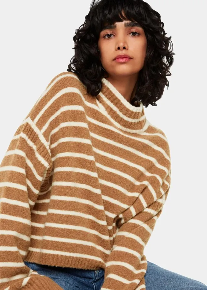 Whistles Stripe Rib Detail Funnel Knit Creammulti Women Sweaters and Cashmere