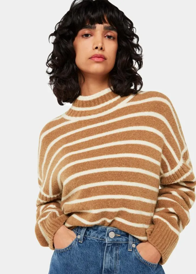 Whistles Stripe Rib Detail Funnel Knit Creammulti Women Sweaters and Cashmere Whistles Stripe Rib Detail Funnel Knit Creammulti Women Sweaters and Cashmere