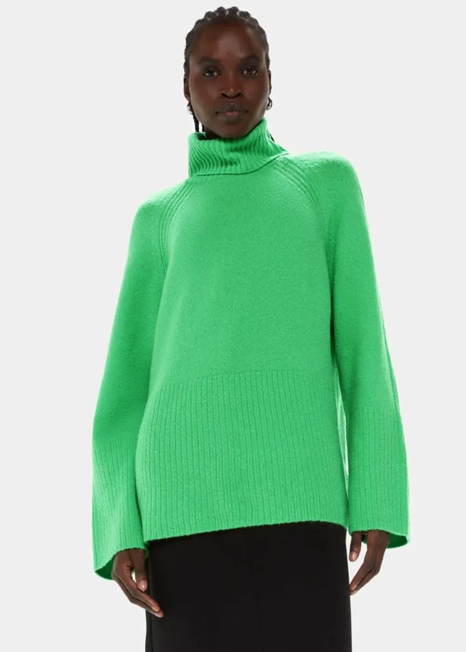 Whistles Textured Rib Detail Roll Neck Green Women Sweaters and Cashmere