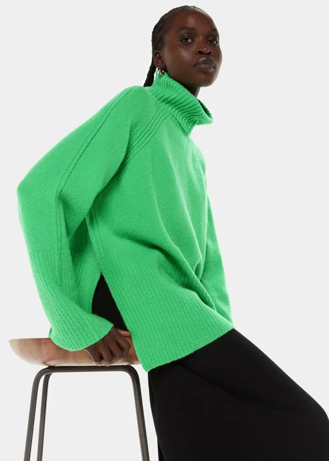 Whistles Textured Rib Detail Roll Neck Green Women Sweaters and Cashmere