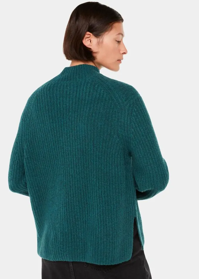 Whistles Wool Mix Rib Funnel Neck Teal Women Sweaters and Cashmere