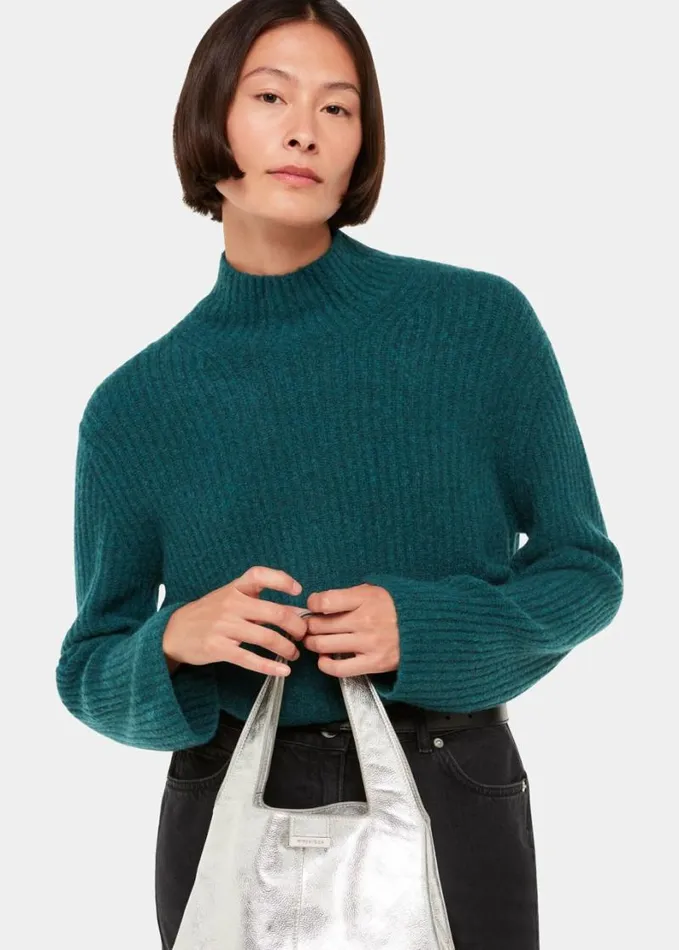 Whistles Wool Mix Rib Funnel Neck Teal Women Sweaters and Cashmere