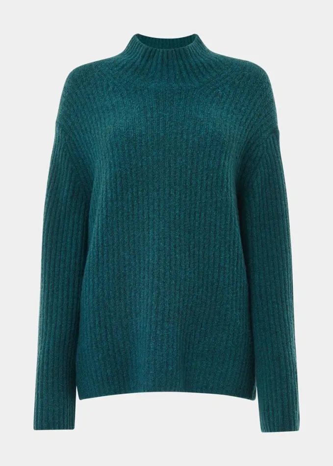 Whistles Wool Mix Rib Funnel Neck Teal Women Sweaters and Cashmere