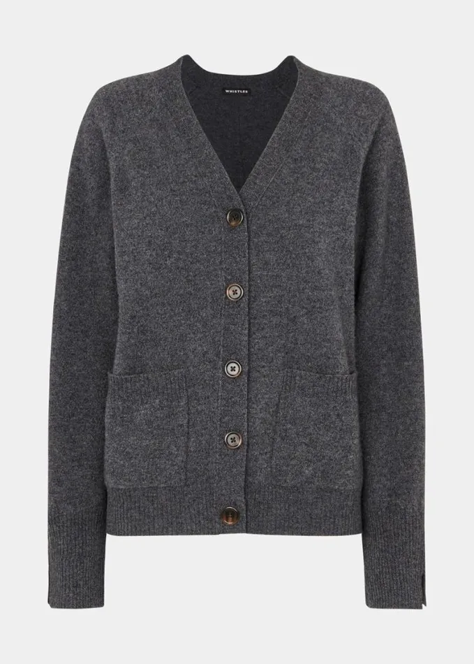 Whistles Wool Relaxed Pocket Cardigan Dark Grey Women Sweaters and Cashmere