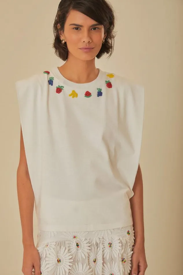 White Beaded Fruits Organic Cotton TShirt Women FARM Rio Tshirts