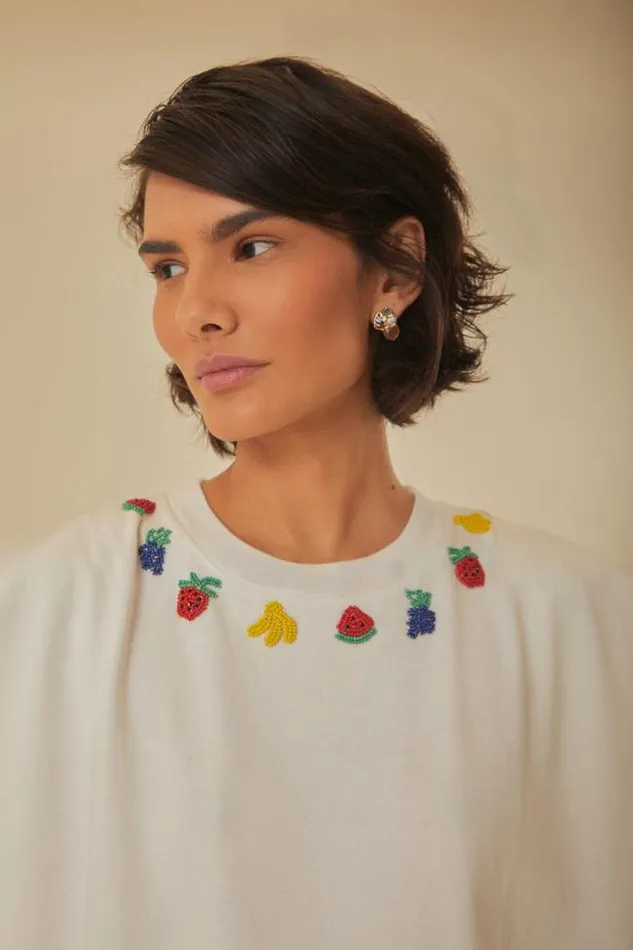 White Beaded Fruits Organic Cotton TShirt Women FARM Rio Tshirts