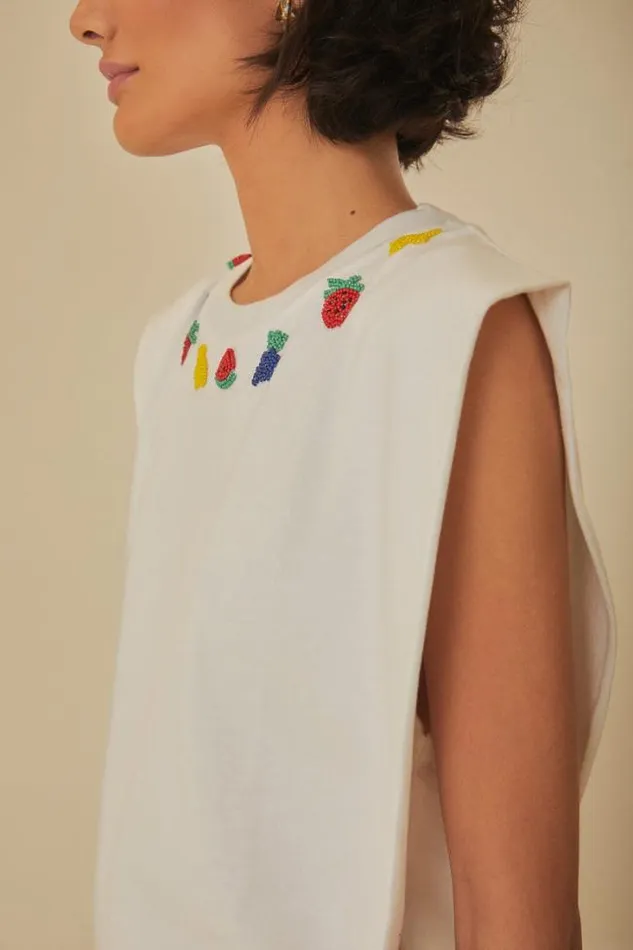 White Beaded Fruits Organic Cotton TShirt Women FARM Rio Tshirts