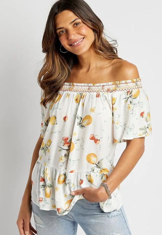 White Fruit Smocked Neck Top Women Maurices Tops