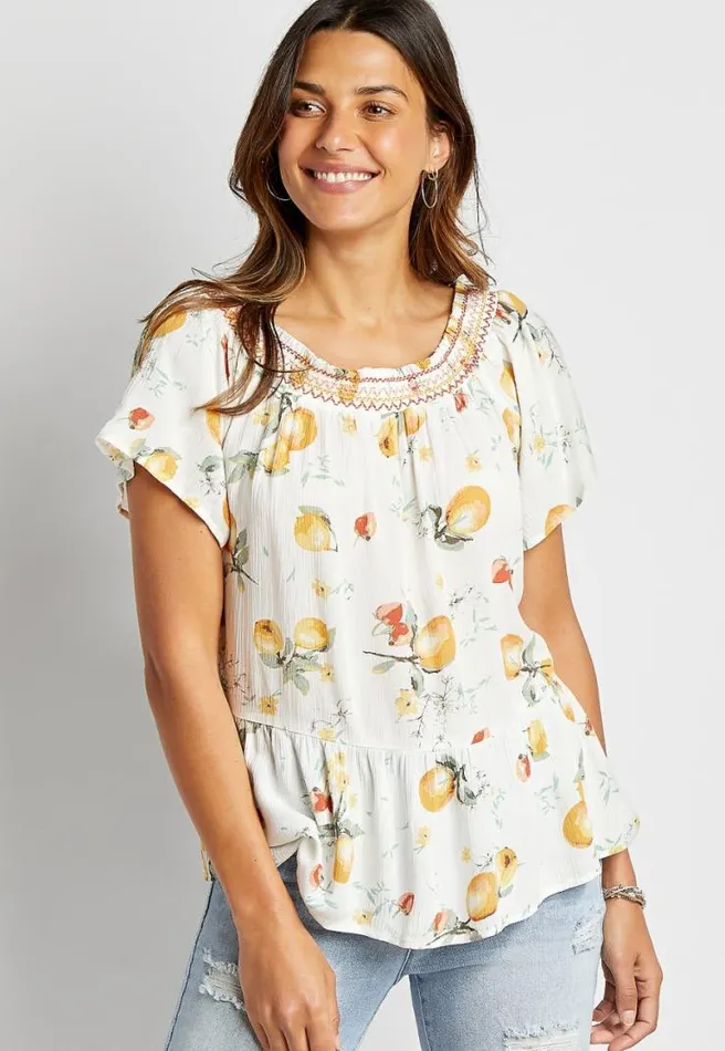 White Fruit Smocked Neck Top Women Maurices Tops