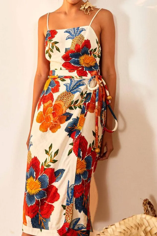 White Pineapple Flowers Midi Dress Women FARM Rio Midi Dresses
