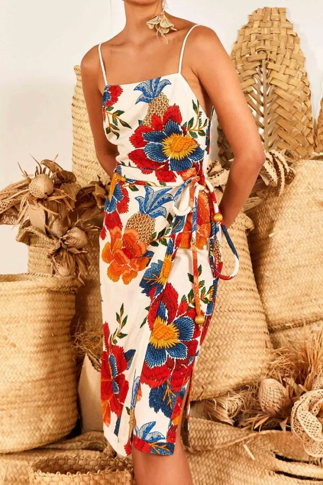 White Pineapple Flowers Midi Dress Women FARM Rio Midi Dresses