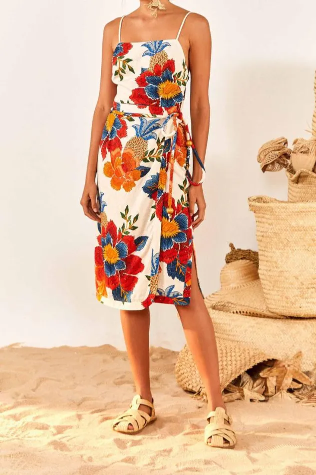 White Pineapple Flowers Midi Dress Women FARM Rio Midi Dresses