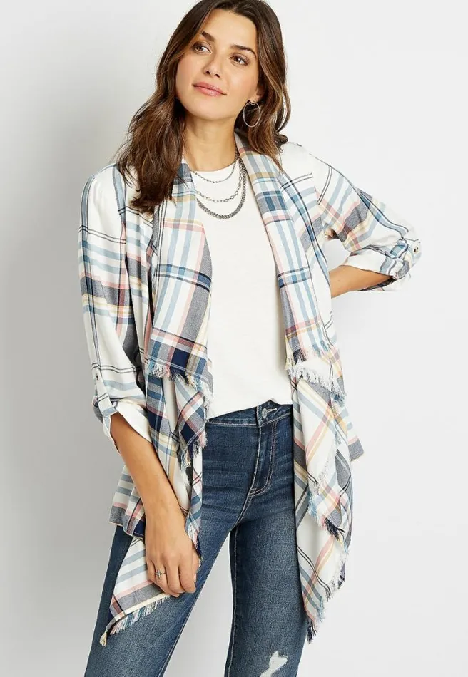 White Plaid Open Front Frayed Kimono Women Maurices Tops