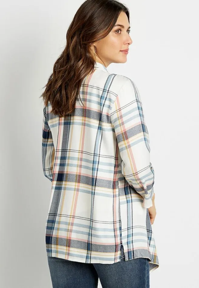 White Plaid Open Front Frayed Kimono Women Maurices Tops